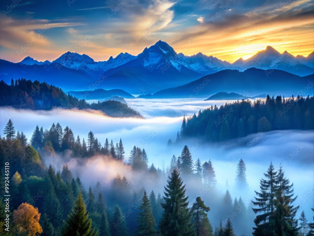 Alpine vista unfolds behind a veil of misty blue atmosphere, where forest trees wear a luminescent glow. Alpine vista unfolds behind a veil of misty blue atmosphere, where forest trees wear a luminescent glow.