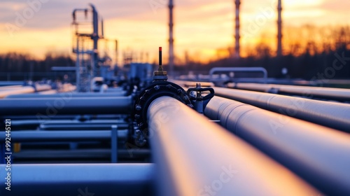 Large industrial area multiple pipes valves are arranged  district heating