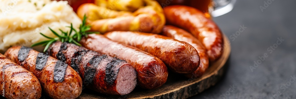 Fototapeta premium a traditional Oktoberfest table setting with a large wooden platter of German sausages sauerkraut mashed potatoes and pretzels accompanied by glass steins of beer captured in rustic warm tones