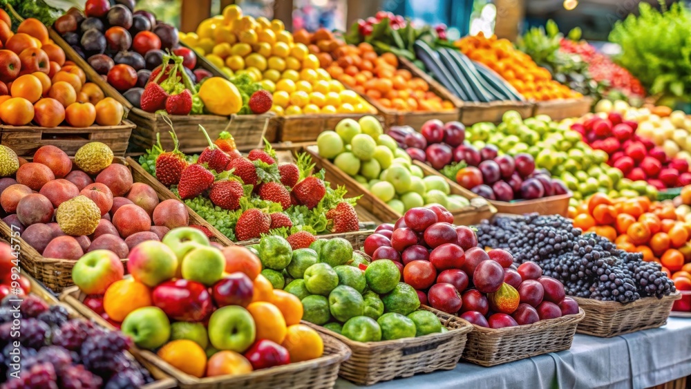 Fresh fruits on display at farmers market , stack, green pears, pile, fresh, red apples, green apples, outdoor, baskets, market Fresh fruits on display at farmers market , stack, green pears, pile, fresh, red apples, green apples, outdoor, baskets, market