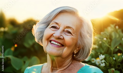 Cheerful Senior Woman Smiling in Garden