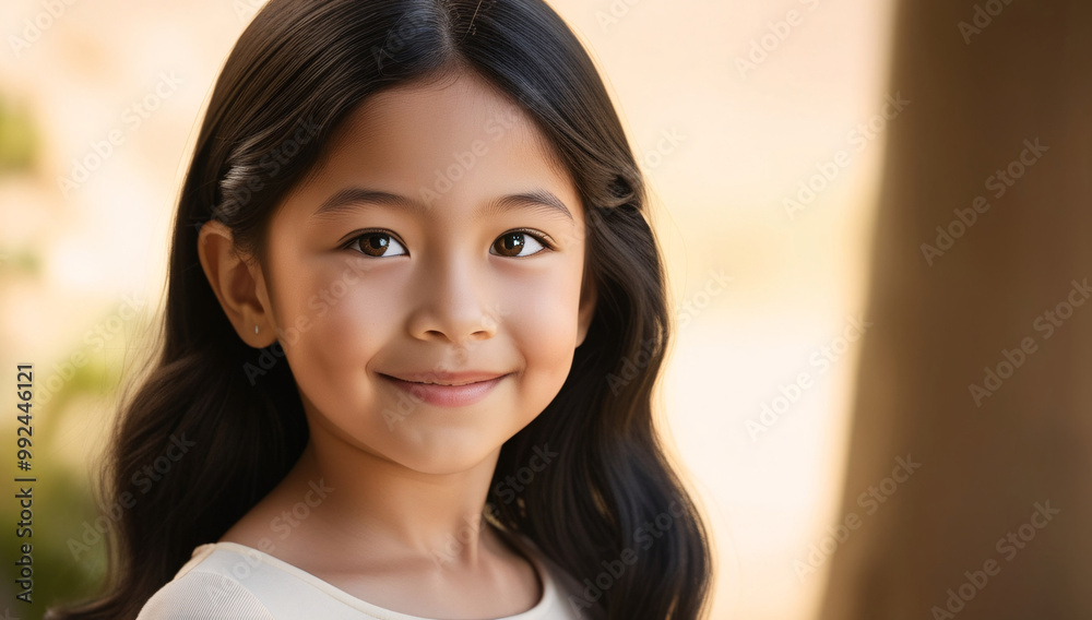 A young girl with long black hair and a white shirt is smiling and looking into the camera.