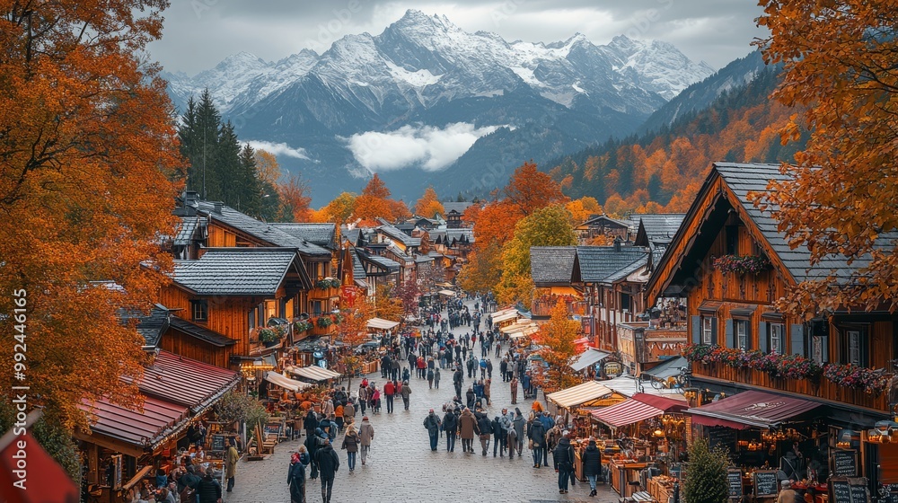 Fototapeta premium a picturesque Oktoberfest scene in a Bavarian village with people walking in the streets traditional food stalls and a large beer tent with mountains in the background and autumn trees