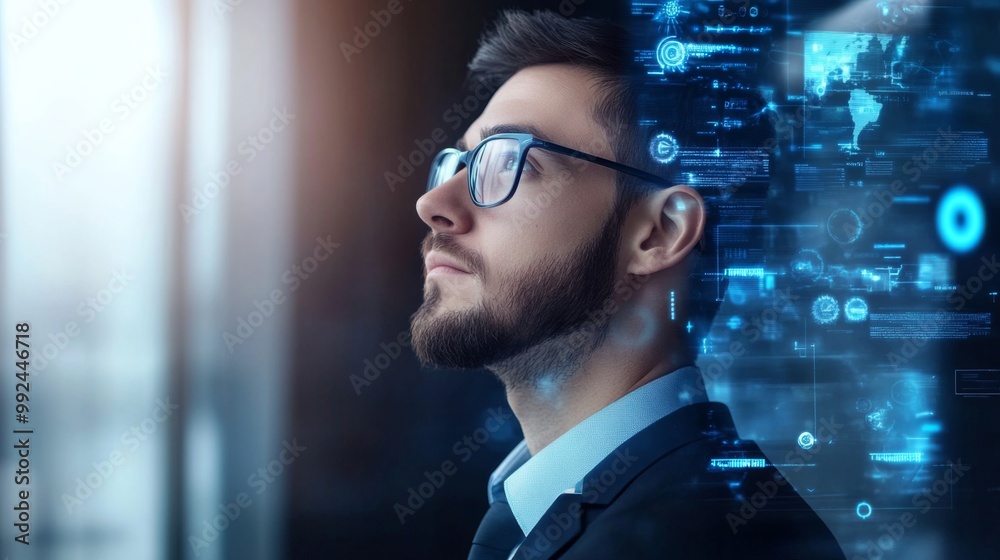Man suit glasses looking up towards sky He Businessman leverages Man suit glasses looking up towards sky He Businessman leverages