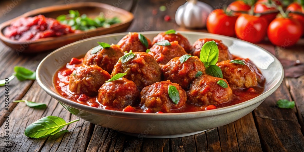Delicious Italian meatballs served with tomato sauce , homemade, savory, traditional, appetizer, tasty, cuisine, pasta, dinner Delicious Italian meatballs served with tomato sauce , homemade, savory, traditional, appetizer, tasty, cuisine, pasta, dinner