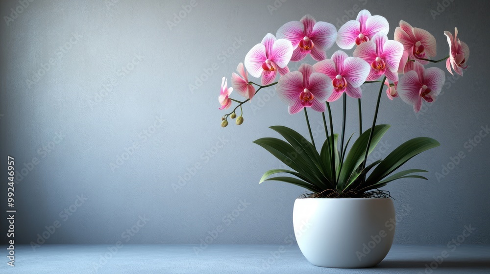Beautiful pink orchids in a white pot against a gray background. Beautiful pink orchids in a white pot against a gray background.