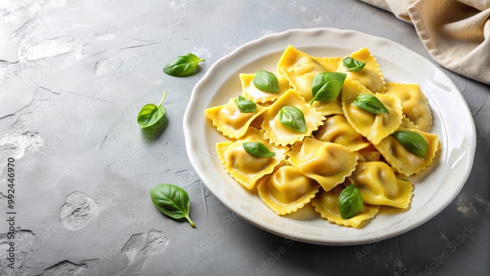 Freshly made agnolotti pasta served on a white plate , Italian cuisine, stuffed pasta, homemade, gourmet, cooking Freshly made agnolotti pasta served on a white plate , Italian cuisine, stuffed pasta, homemade, gourmet, cooking