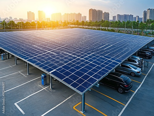 Aerial view parking lot multiple solar panels roof A modern structure photo