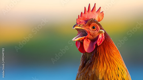 Closeup of a Galliformes male chicken with its beak wide open photo