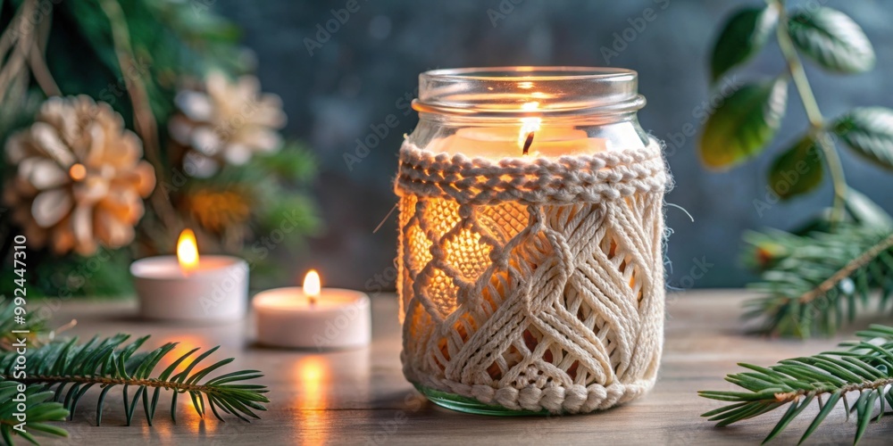 Jar with a burning candle decorated with knitted macrame fabric , macrame, candle, decor, cozy, handmade, home, craft, design Jar with a burning candle decorated with knitted macrame fabric , macrame, candle, decor, cozy, handmade, home, craft, design