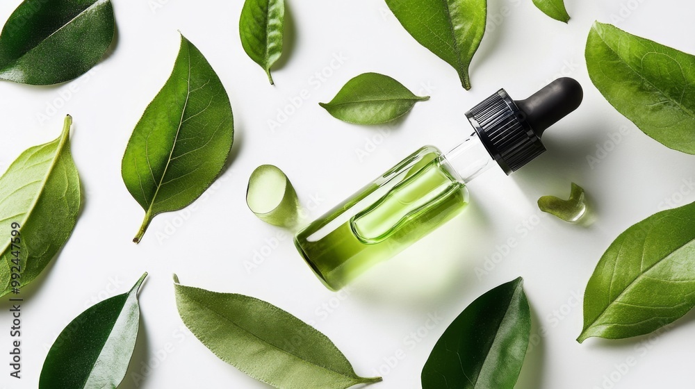 Small glass dropper black cap top filled green Clear bottle