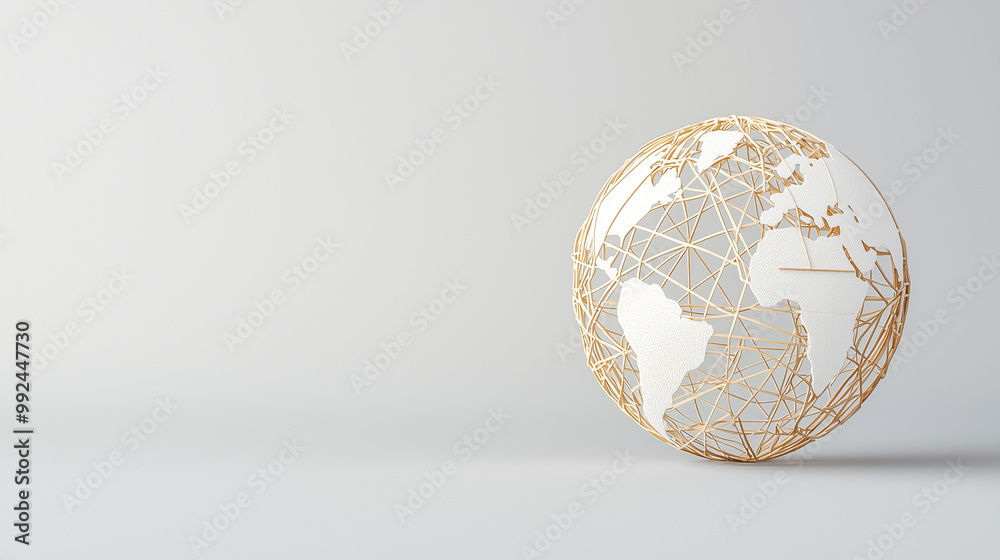 Global Connection: A minimalist 3D rendering of a golden wireframe globe on a neutral background, symbolizing interconnectedness and global reach. Global Connection: A minimalist 3D rendering of a golden wireframe globe on a neutral background, symbolizing interconnectedness and global reach.