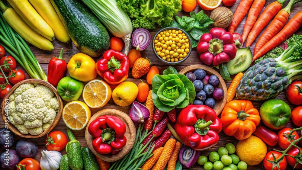 Colorful display of fresh fruits and vegetables