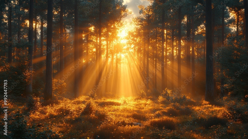 Fototapeta premium Serene forest at sunrise with golden rays illuminating the trees.
