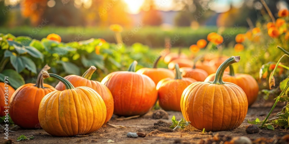 Orange pumpkins growing in a garden during October autumn season, pumpkins, garden, orange, autumn, October, harvest, agriculture