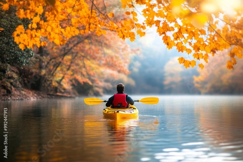 Person yellow kayak paddling calm lake is wearing A kayaker enjoys