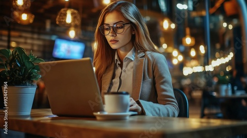 Young woman sitting wooden table cafe restaurant She Businesswoman with Laptop -