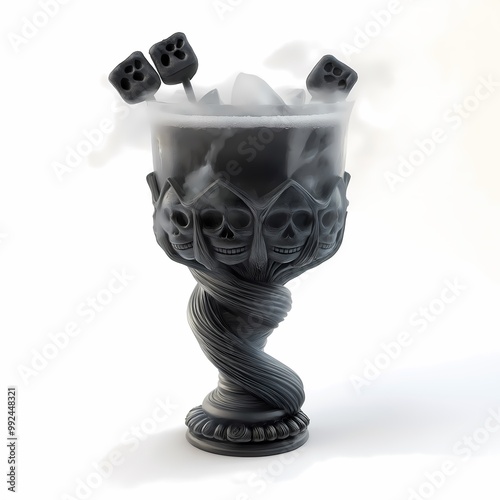 A hauntingly delicious black licorice cocktail served in a spooky goblet featuring skull designs, perfect for Halloween celebrations with chilling smoke and eerie vibes lingering around. photo