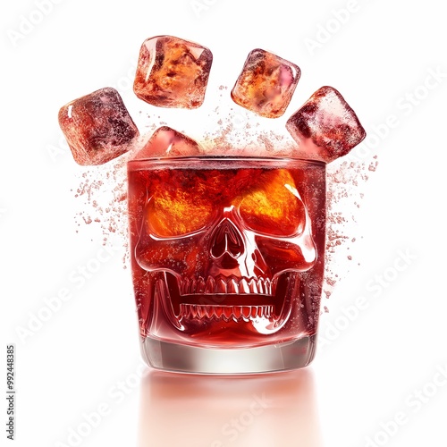 A chilling glass of blood-red punch sits ominously, with ice cubes capturing the essence of Halloween. Its striking skull design evokes the perfect eerie atmosphere for a spooky celebration. photo