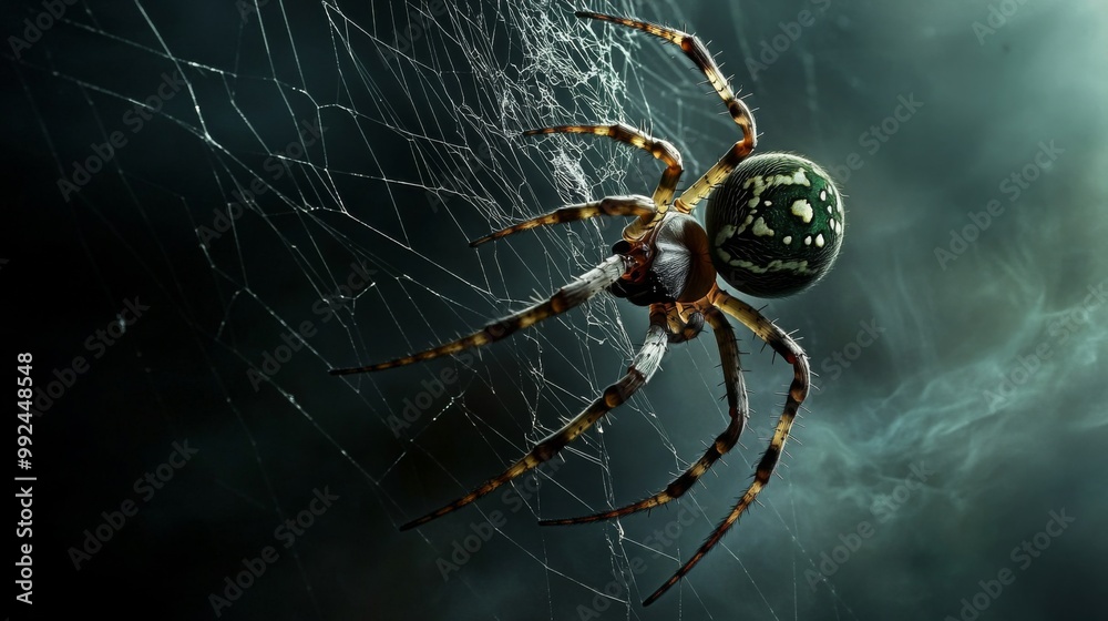 Obraz premium Close-up spider its web center image body facing Silhouette of a creepy