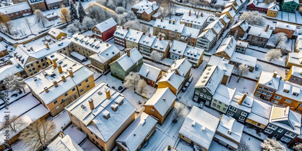 Top view of snow-covered buildings in winter , cityscape, urban, architecture, snow, rooftop, cold, season, frost Top view of snow-covered buildings in winter , cityscape, urban, architecture, snow, rooftop, cold, season, frost