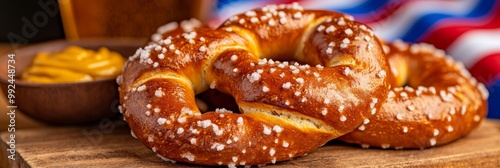 a detailed shot of a freshly baked pretzel on a wooden board sprinkled with coarse salt next to mustard and beer with Oktoberfest decorations and a Bavarian flag in the background