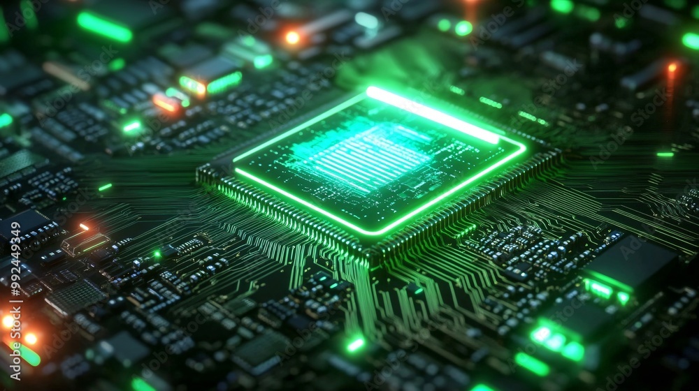 A detailed shot of a microchip on a motherboard, where the chip emits bright green neon lighting, enhancing the overall aesthetic of the electronic setup A detailed shot of a microchip on a motherboard, where the chip emits bright green neon lighting, enhancing the overall aesthetic of the electronic setup