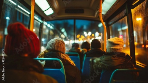 Interior bus night is filled people both sitting Commuting: The daily travel photo