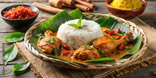 Delicious Nasi Kari Ayam Medan or Chicken Curry Rice from Medan, Indonesian cuisine, spicy, traditional photo