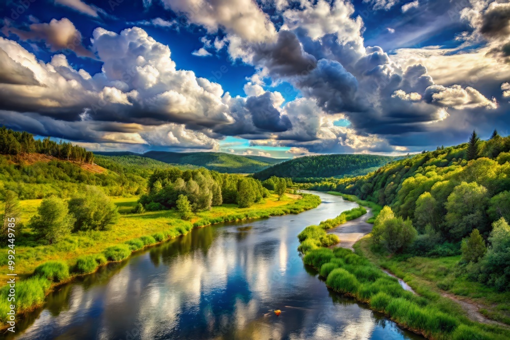 Fototapeta premium Clouds drift lazily across the sky above the river as it flows smoothly through the valley surrounded by dense foliage.