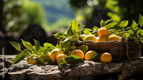 Basket of bael fruits resting on a stone bench in a peaceful garden with the surrounding trees softly blurred symbolizing the fruits connection to nature and tradition Scientific name Aegle marmelos photo