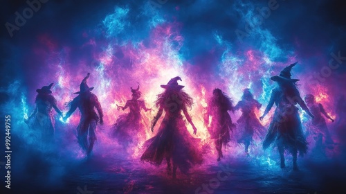 A mystical scene featuring witches surrounded by vibrant magical energy.