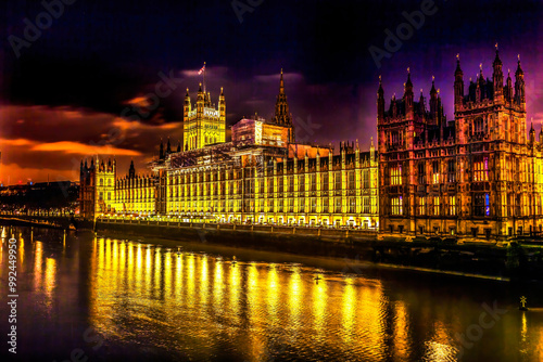 Victoria Tower Houses of Parliament Westminster Bridge Night London England photo