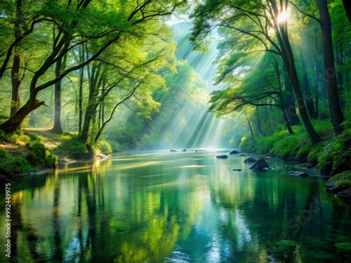 River winds gently through a misty, emerald forest, dappled sunlight casting shadows on its calm, reflective surface.