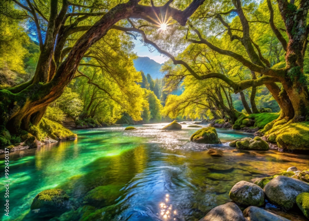 Fototapeta premium River flows lazily beneath a sunny afternoon, its crystal waters reflecting the vibrant hues of surrounding valley walls and the twisted, moss-covered limbs of ancient trees.