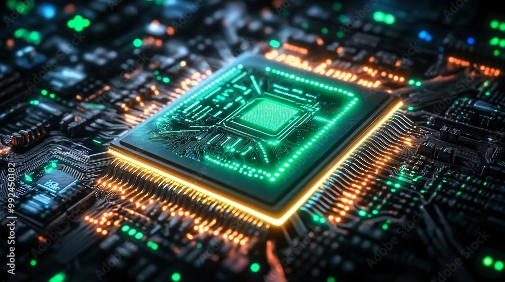 Obraz premium A computer microchip glowing with vibrant neon green light