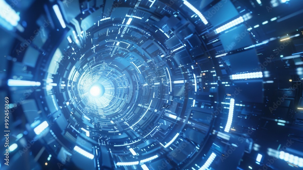 Fototapeta premium Abstract futuristic tunnel with glowing blue lights.