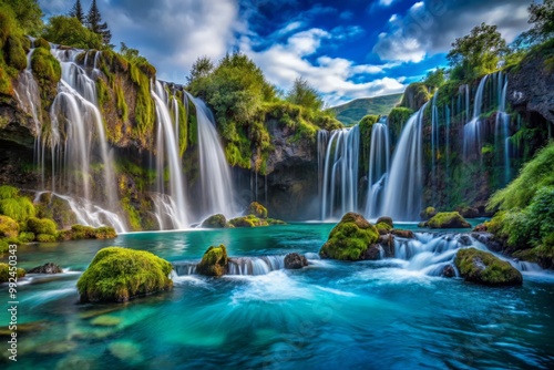 Waterfalls plummet into turquoise depths surrounded by moss-draped boulders set against a cerulean sky. photo