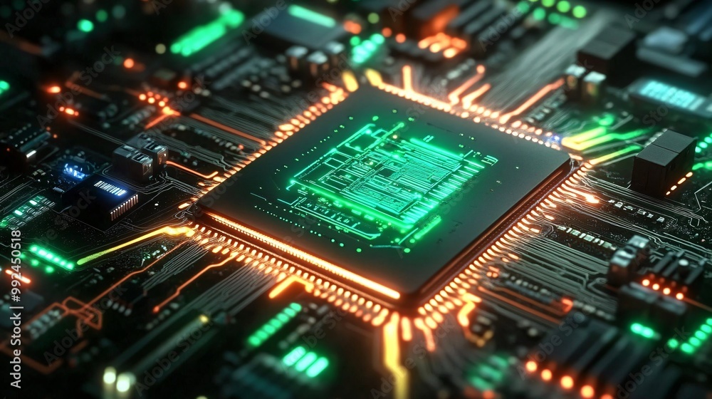 A dynamic perspective of a computer microchip with a luminous green neon glow A dynamic perspective of a computer microchip with a luminous green neon glow