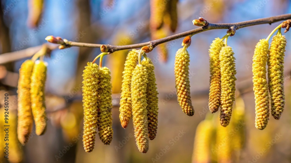 Branch of alder tree with catkins , spring, nature, botany, seasonal, blooming, close-up, pollen, buds, blurred background Branch of alder tree with catkins , spring, nature, botany, seasonal, blooming, close-up, pollen, buds, blurred background