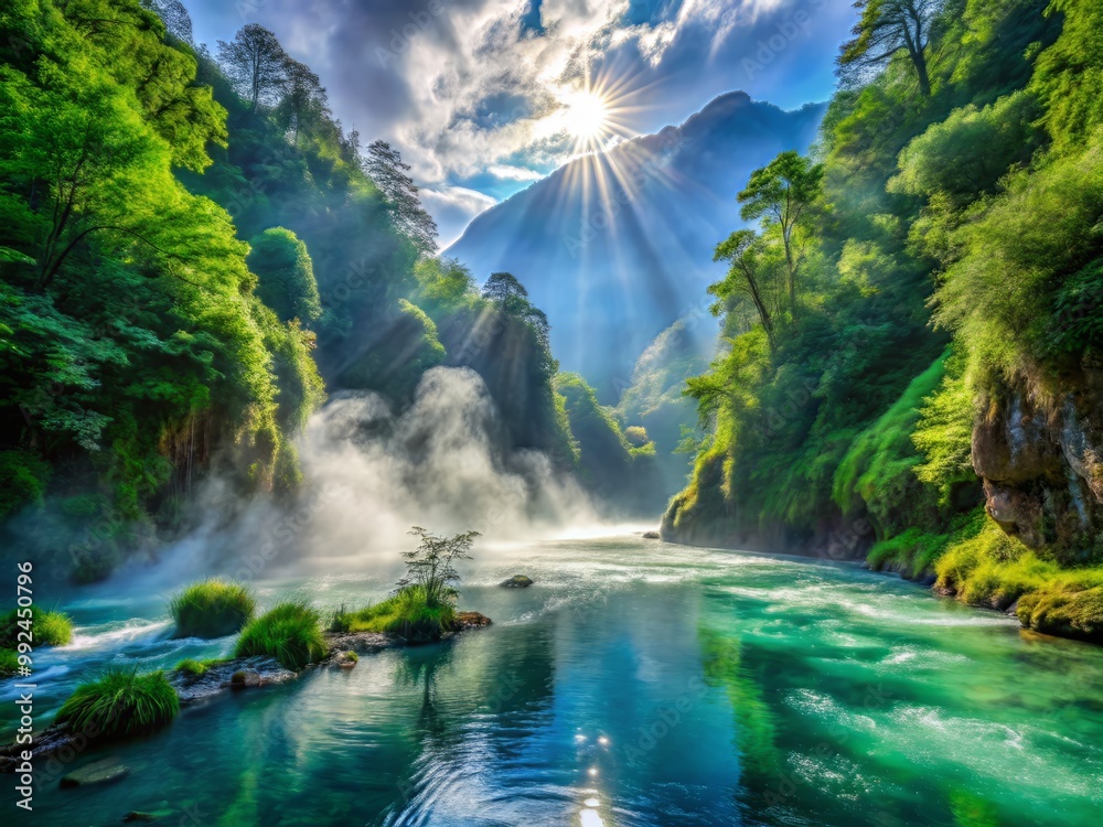 Luminous mist rises from a river's surface, as it coils through a primeval valley, surrounded by an emerald tapestry of foliage, under the radiant blue heavens. Luminous mist rises from a river's surface, as it coils through a primeval valley, surrounded by an emerald tapestry of foliage, under the radiant blue heavens.
