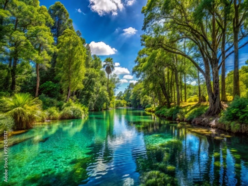 Towering trees and verdant undergrowth encircle a lazy river, its crystal clear waters reflecting the vivid blue sky, radiating a sense of seclusion and calm.