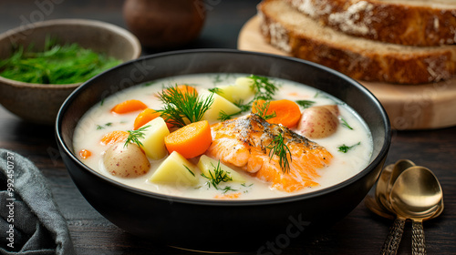 Salmon Fish Soup with Cream Potato Carrots Leek and Dill in a Black Bowl on Dark Wooden Table with Rye Bread Finnish Cuisine Classic Dish