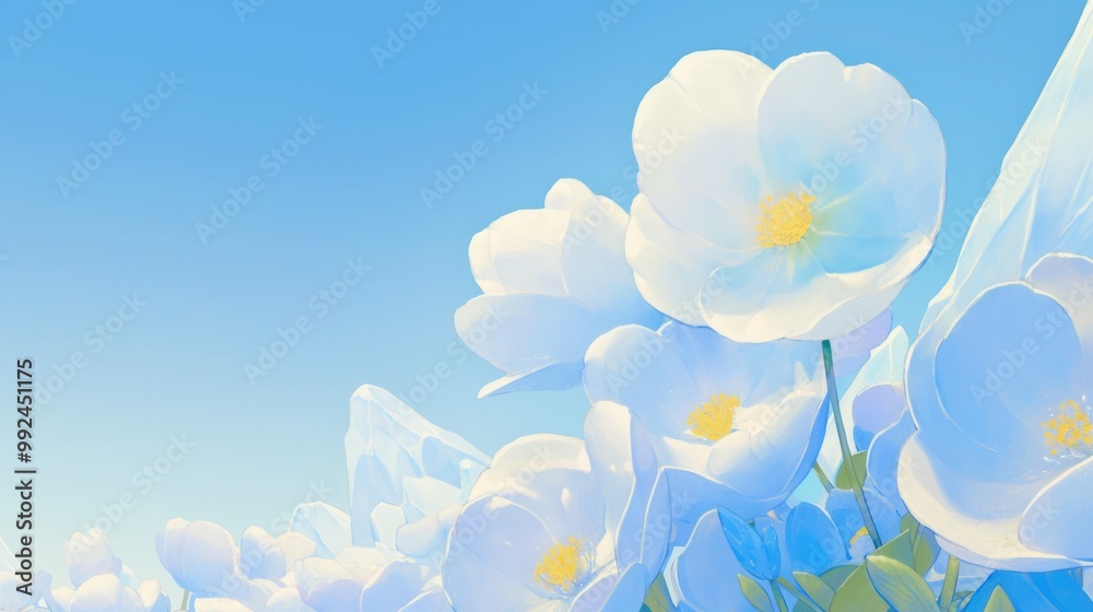 Glowing ice flowers blooming in a frozen field, their petals radiating soft light, watercolor Glowing ice flowers blooming in a frozen field, their petals radiating soft light, watercolor
