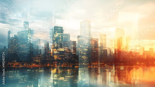 abstract business modern background with cityscape double exposure. 