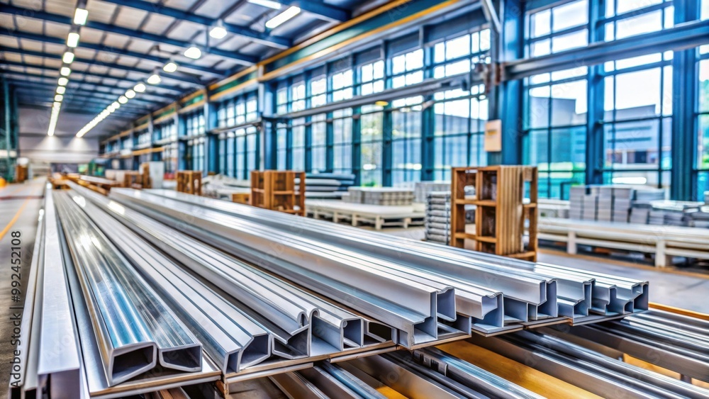 Industrial plant producing metal profiles for windows, manufacturing, factory, production, industrial, machinery Industrial plant producing metal profiles for windows, manufacturing, factory, production, industrial, machinery