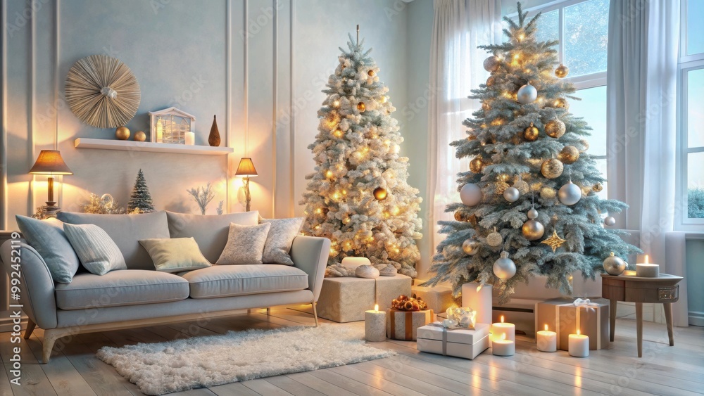 Cozy living room scene with a snowy Christmas tree and pastel decorations, Christmas, tree, snowy, pastel, ornaments