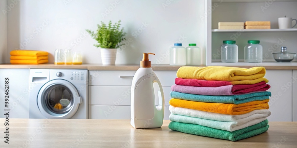 Bright laundry room setup with detergent bottle and neatly folded towels , laundry, room, bright, clean, detergent