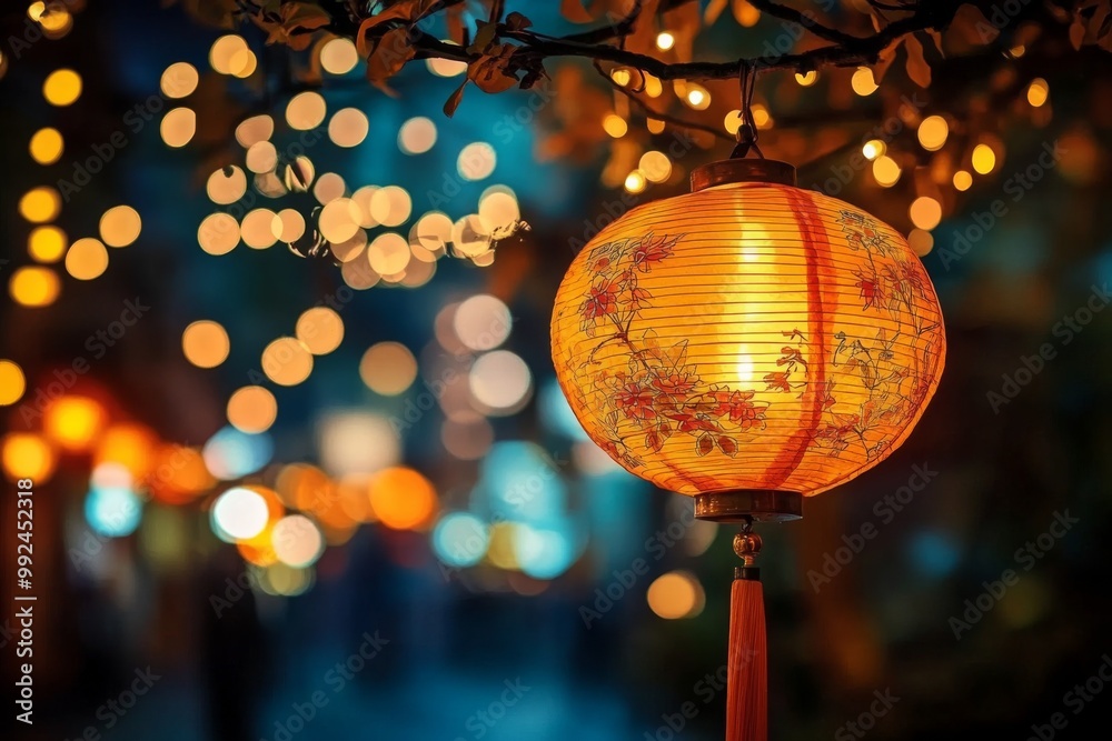 Close-up Chinese lantern hanging from tree round has Enchanting mid autumn festival Close-up Chinese lantern hanging from tree round has Enchanting mid autumn festival