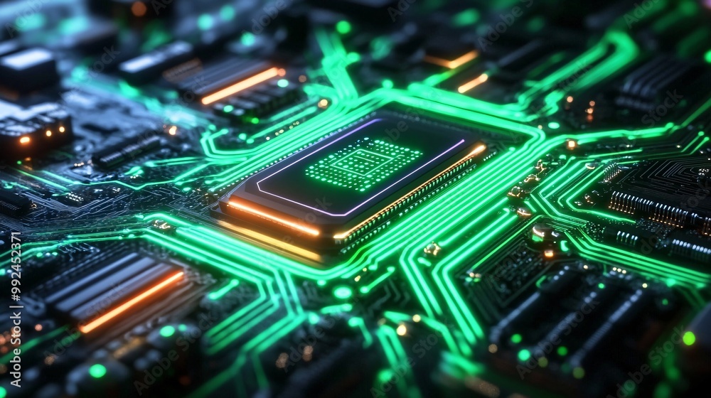 A close-up view of a computer microchip glowing in vibrant green neon, with intricate patterns A close-up view of a computer microchip glowing in vibrant green neon, with intricate patterns